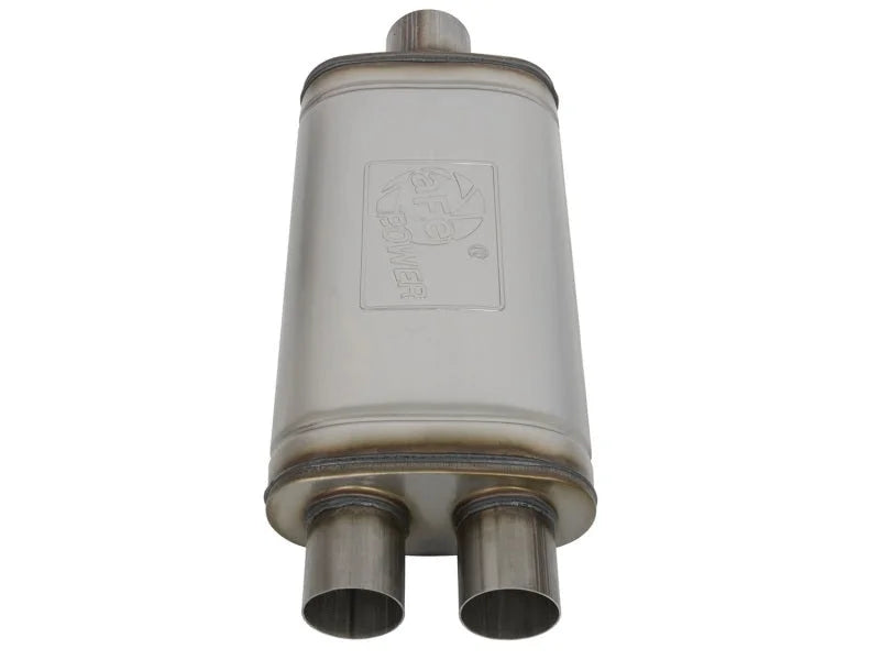 aFe MACHForce XP SS Muffler 3in Center Inlet / 2.5in Dual Outlets 18in L x 9in W x4in H Body - Installation View