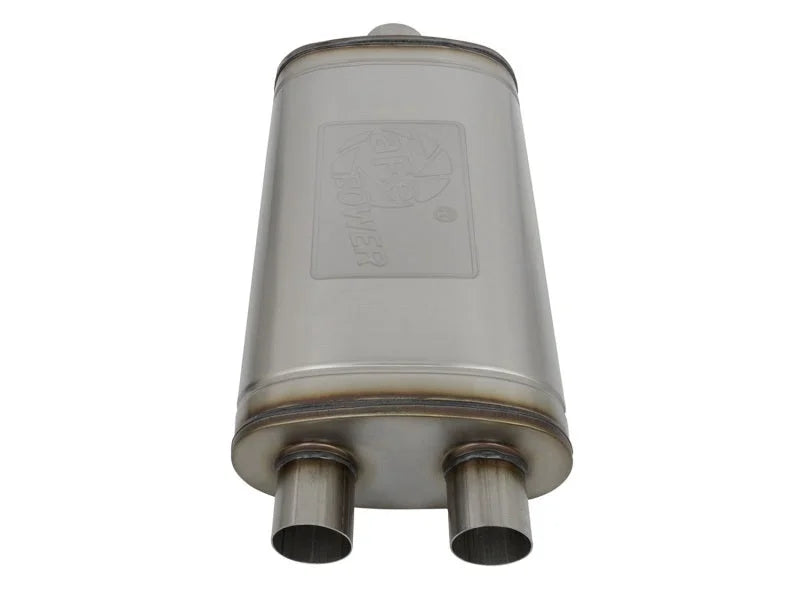aFe MACHForce XP SS Muffler 3in Center Inlet / 2.5in Dual Outlets 22in L x 11in W x 6in H Body - Back View