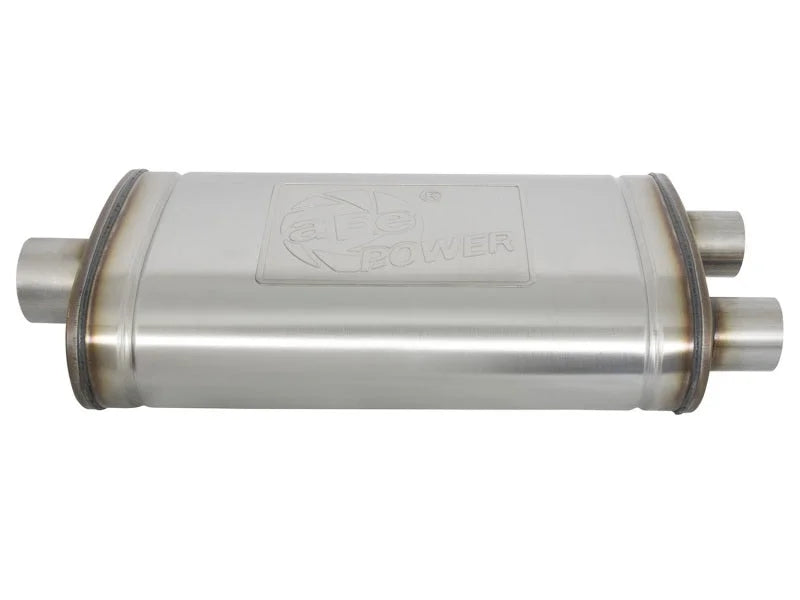 aFe MACHForce XP SS Muffler 3in Center Inlet / 2.5in Dual Outlets 22in L x 11in W x 6in H Body - Installation View
