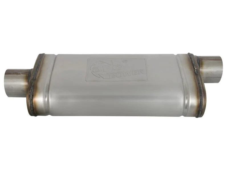 aFe MACHForce XP SS Muffler 3in Center Inlet / 3in Offset Outlet 18in L x 9in W x4in H Body - Side View