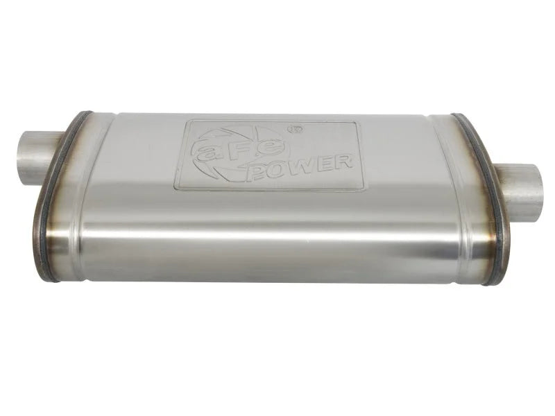 aFe MACHForce XP SS Muffler 3in Center Inlet / 3in Offset Outlet 22in L x 11n W x 6in H Body - Back View