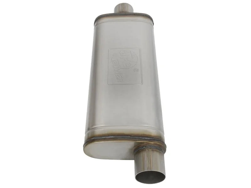 aFe MACHForce XP SS Muffler 3in Center Inlet / 3in Offset Outlet 22in L x 9in W x4in H Body - Back View