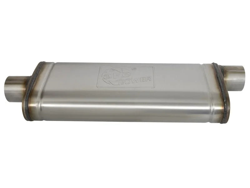 aFe MACHForce XP SS Muffler 3in Center Inlet / 3in Offset Outlet 22in L x 9in W x4in H Body - Installation View