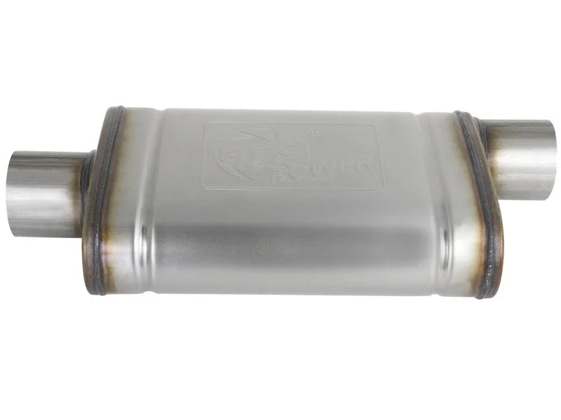 aFe MACHForce XP SS Muffler 3in Center Inlet / 3in Outlet 9in L x 4in W x 14in Body - Side View