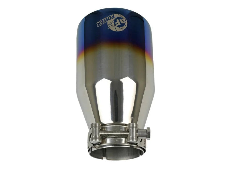 aFe Mach Force XP 304 Stainless Steel Clamp-On Exhaust Tip 2.5in Inlet / 4in Outlet - Blue Flame - Side View