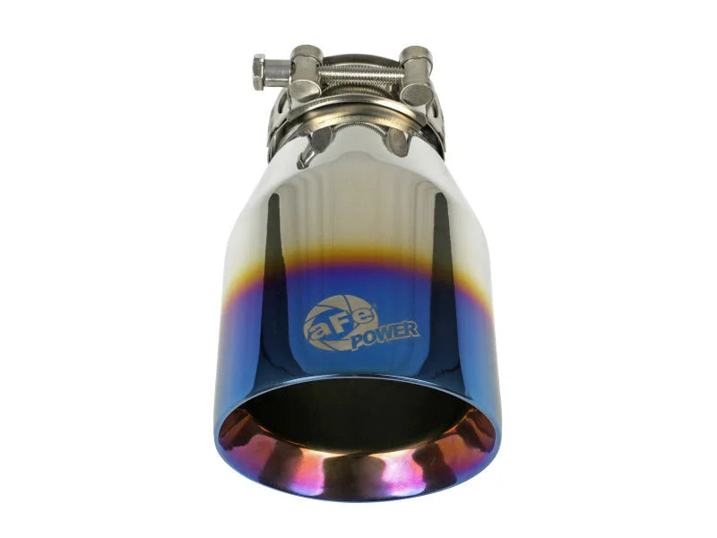 aFe Mach Force XP 304 Stainless Steel Clamp-On Exhaust Tip 2.5in Inlet / 4in Outlet - Blue Flame - Back View