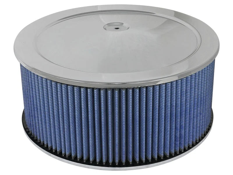 aFe MagnumFLOW Air Filters Round Racing P5R A/F Chrome Assy 14x6: Blk/Blue E/M - Main Product View