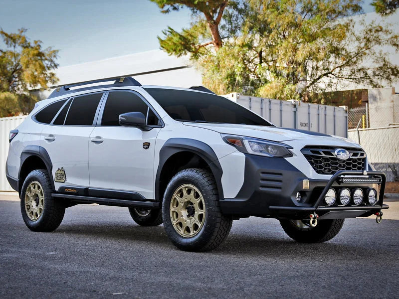 aFe POWER 15-19 Subaru Outback H4 2.5L / H6 3.6L Terra Guard Front Bumper - Black - Installation View