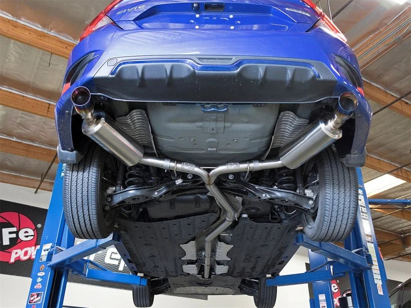 aFe POWER Takeda 16-17 Honda Civic I4-1.5L (t) 2.5-2.25in 304 SS CB Dual-Exit Exhaust Blue Tips - Side View