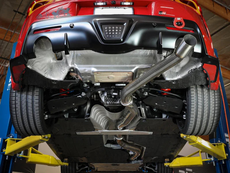 aFe POWER Takeda 2020 Toyota Supra L6-3.0L (t) 3.5in 304 SS CB Exhaust 4in Brushed Finish Tip - Installation View