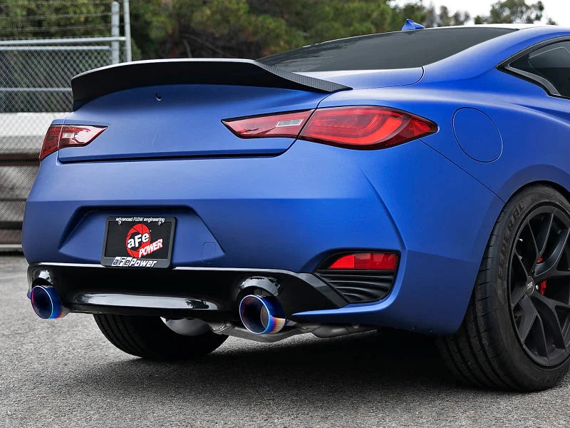 aFe POWER Takeda 2.5in 304 SS Axle-Back Exhaust w/ Blue Flame Tips 17-19 Infiniti Q60 V6-3.0L (tt) - Side View