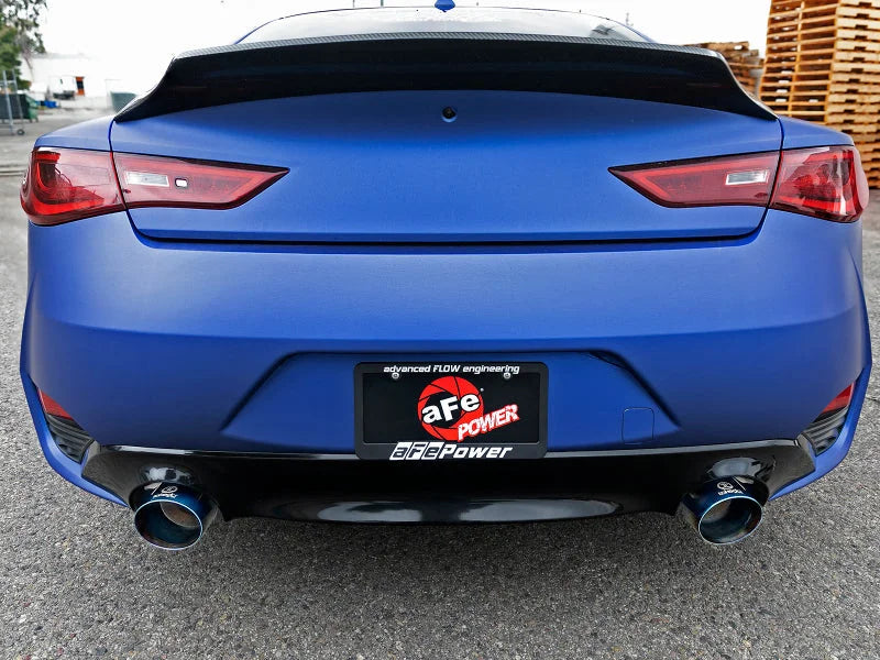 aFe POWER Takeda 2.5in 304 SS CB Exhaust w/ Blue Flame Tips 17-19 Infiniti Q60 V6-3.0L (tt) - Installation View