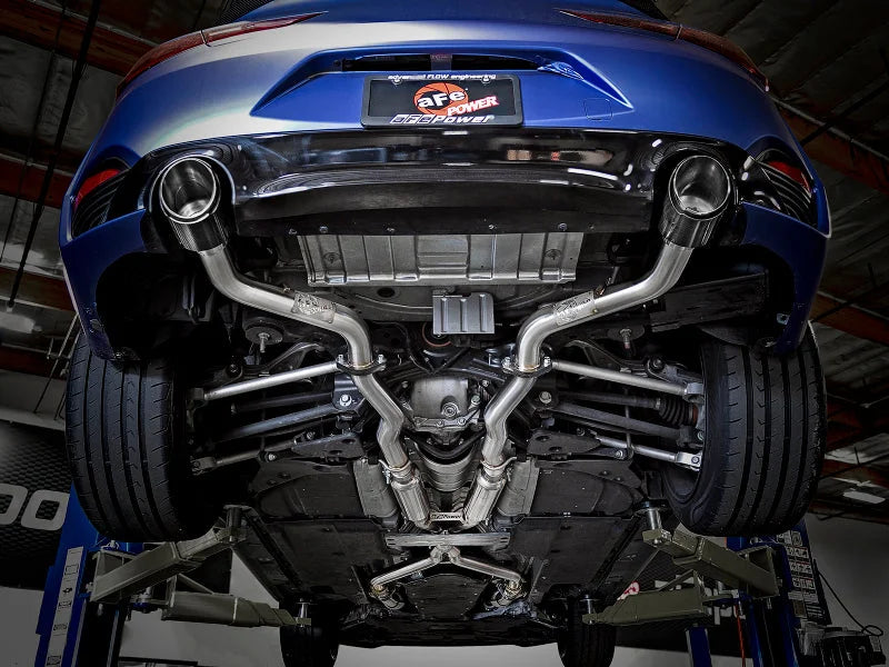 aFe POWER Takeda 2.5in 304 SS CB Exhaust w/ Carbon Fiber Tips 17-19 Infiniti Q60 V6-3.0L (tt) - Back View