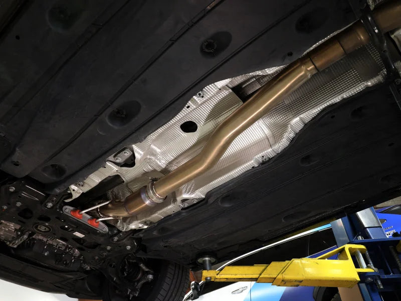aFe Power Twisted Steel Down Pipe 3in 304 Stainless Steel w/ Cat 15-18 VW Golf R MKVII L4-2.0L (t) - Side View