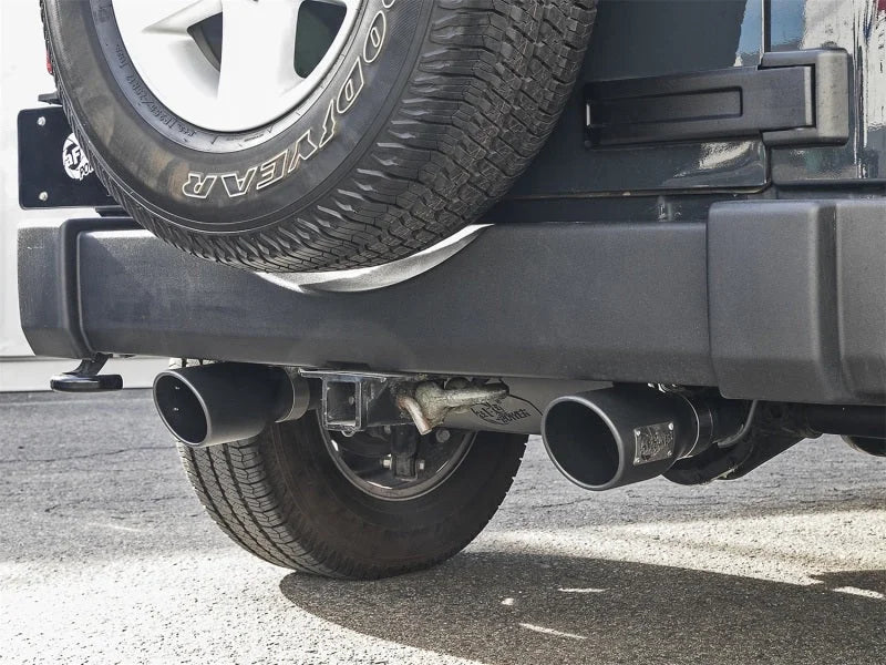 aFe Rebel Series 2.5in 409 SS Axle-Back Exhaust w/ Black Tips 2007+ Jeep Wrangler (JK) V6 3.6L/3.8L - Side View