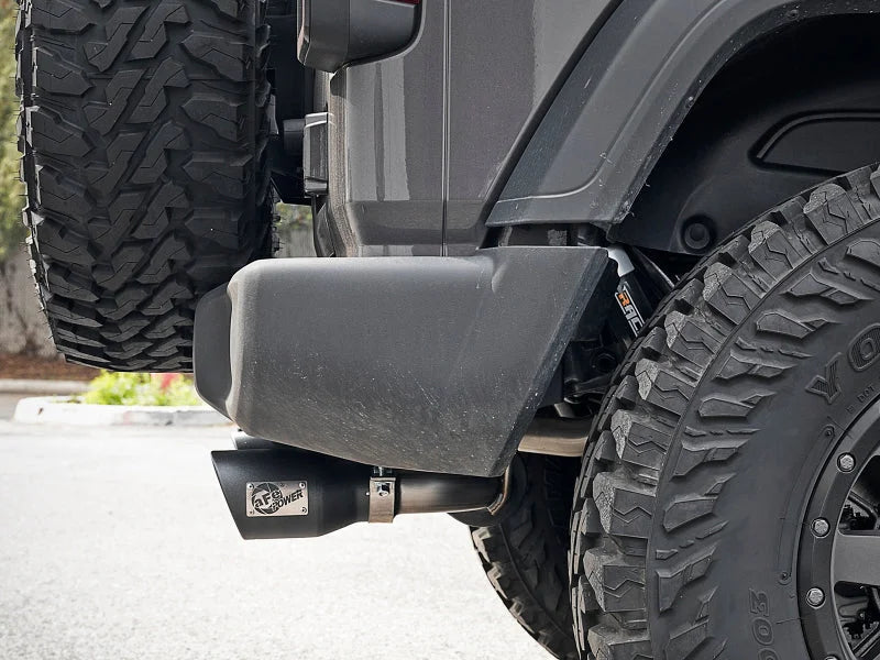 aFe Rebel Series 2.5in 409 SS Cat-Back Exhaust w/ Black Tips 18-19 Jeep Wrangler (JL) V6 3.6L - Side View