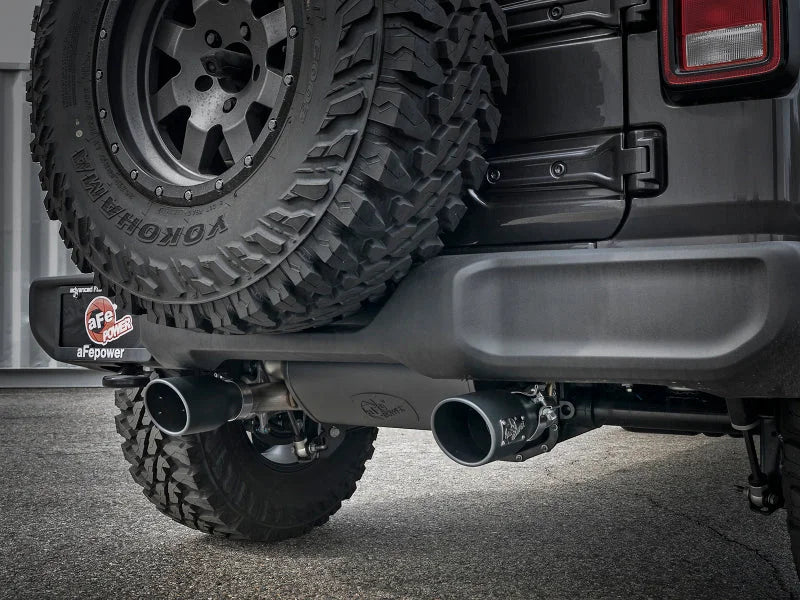 aFe Rebel Series 2.5in 409 SS Cat-Back Exhaust w/ Black Tips 18-19 Jeep Wrangler (JL) V6 3.6L - Back View