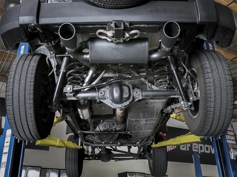 aFe Rebel Series 2.5in 409 SS Cat-Back Exhaust w/ Black Tips 2007+ Jeep Wrangler (JK) V6 3.6L/3.8L - Back View