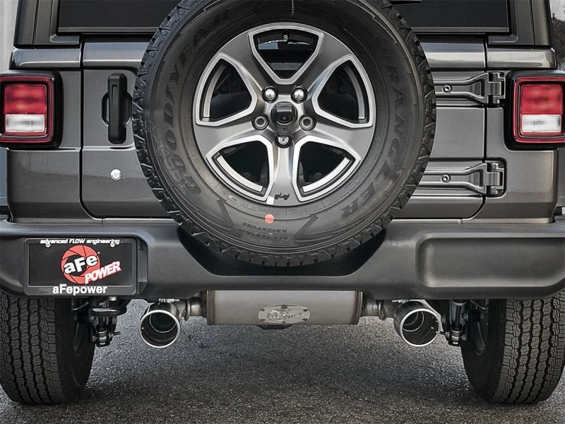aFe Rebel Series 2.5in 409 SS Cat-Back Exhaust w/ Polished Tips 2018+ Jeep Wrangler (JL) V6 3.6L - Side View