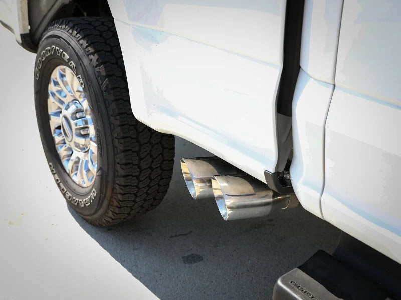 aFe Rebel Series 3in 409 SS Cat-Back Exhaust w/ Polish Tips 17-20 Ford F-250 V8 6.2L - Back View
