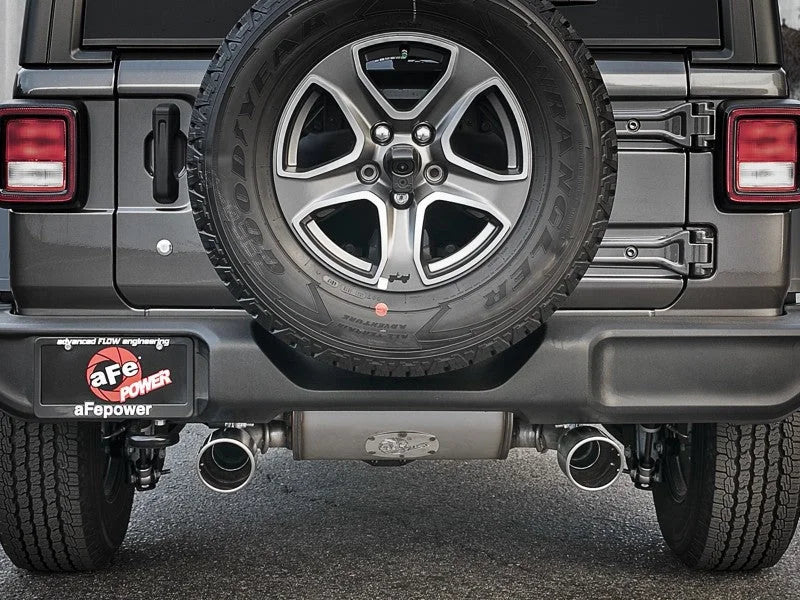 aFe Rebel Series 409 Stainless Steel Cat-Back Exhaust 18-21 Jeep Wrangler JL 2.0L (t) - Polished Tip - Back View