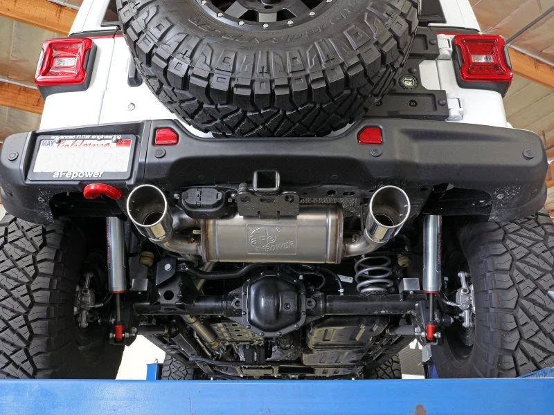 aFe Rebel Series 409 Stainless Steel Cat-Back Exhaust 18-21 Jeep Wrangler JL 2.0L (t) - Polished Tip - Installation View