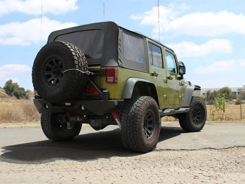 aFe Rebel Series Cat-Back 2.5in Dual Center Exit SS Exhaust w/ Black Tips 07-14 Jeep Wrangler V6 - Side View