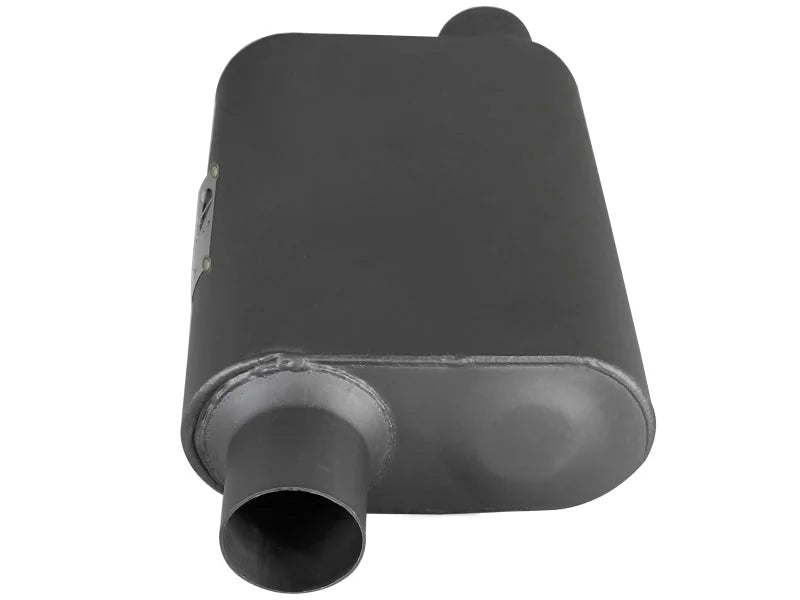 aFe Scorpion Replacement Alum Steel Muffler 2-1/2in In/Out Baffled Offset/Offset 13inL x10inW x4inH - Side View