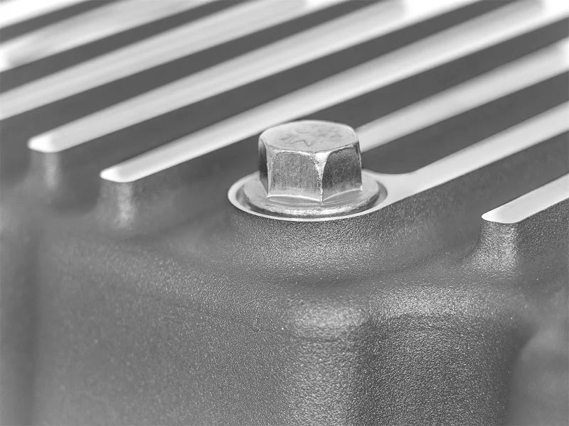 aFe Street Series Engine Oil Pan Raw w/ Machined Fins; 11-17 Ford Powerstroke V8-6.7L (td) - Installation View