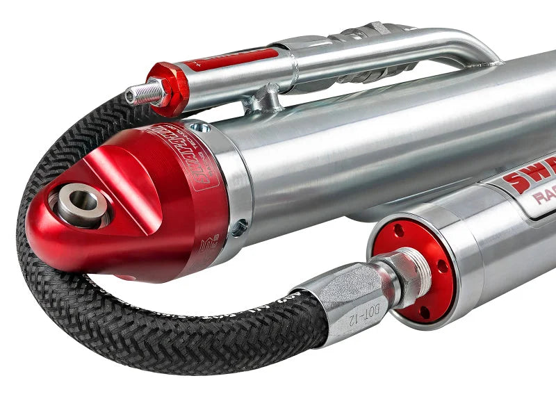 aFe Sway-A-Way 2.5 Bypass Shock 3-Tube w/ Remote Reservoir Left Side 12in Stroke - Back View