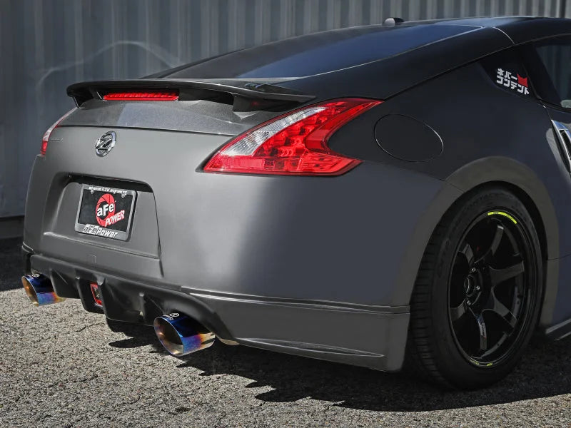 aFe Takeda 09-20 Nissan 370z 2-1/2 IN 304 Stainless Steel Cat-Back Exhaust System w/ Blue Flame Tip - Side View