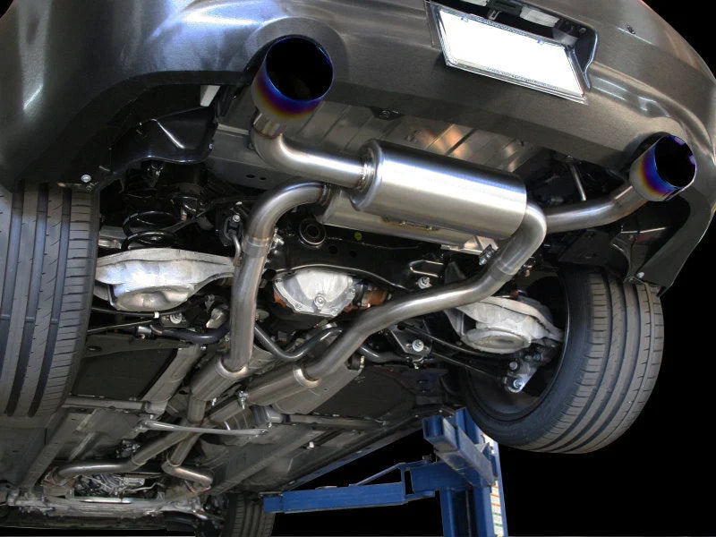 aFe Takeda 2-1/2in 304SS Cat-Back Exhaust Infiniti G37 08-13/Q60 14-15 V6-3.7 w/ Blue Flame Tips - Side View