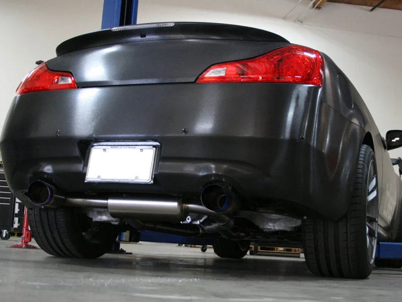 aFe Takeda 2-1/2in 304SS Cat-Back Exhaust Infiniti G37 08-13/Q60 14-15 V6-3.7 w/ Blue Flame Tips - Back View