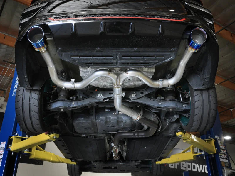 aFe Takeda 20-21 Kia Forte GT 1.6L (t) 3in to 2.5in SS Axle-Back Exhaust System w/ Blue Flame Tips - Side View
