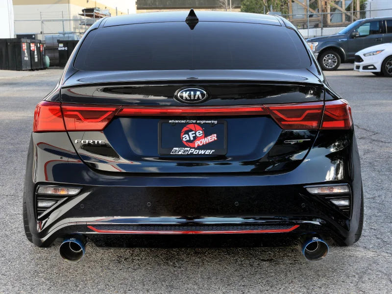 aFe Takeda 20-21 Kia Forte GT 1.6L (t) 3in to 2.5in SS Axle-Back Exhaust System w/ Blue Flame Tips - Back View