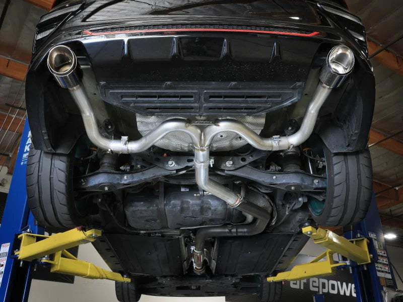 aFe Takeda 20-21 Kia Forte GT 1.6L (t) 3in to 2.5in SS Axle-Back Exhaust System w/ Carbon Fiber Tips - Back View