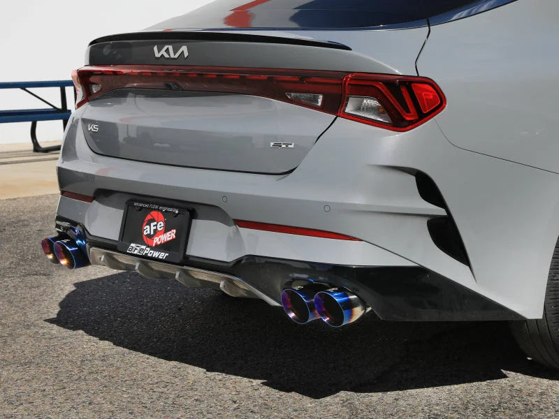 aFe Takeda 21-24 Kia K5 GT L4-2.5L (t) SS Axle-Back Exhaust System w/ Blue Flame Tips - Back View