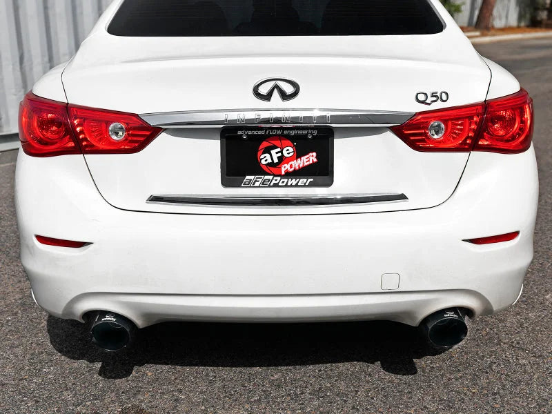 aFe Takeda 2.5in 304 SS Cat-Back Exhaust System w/ Black Tips 16-18 Infiniti Q50 V6-3.0L (tt) - Back View