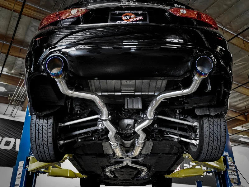 aFe Takeda 2.5in 304 SS Cat-Back Exhaust System w/ Blue Flame Tips 16-18 Infiniti Q50 V6-3.0L (tt) - Back View