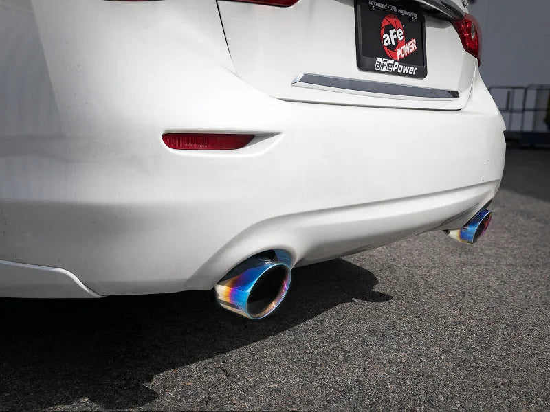 aFe Takeda 2.5in 304 SS Cat-Back Exhaust System w/ Blue Flame Tips 16-18 Infiniti Q50 V6-3.0L (tt) - Installation View