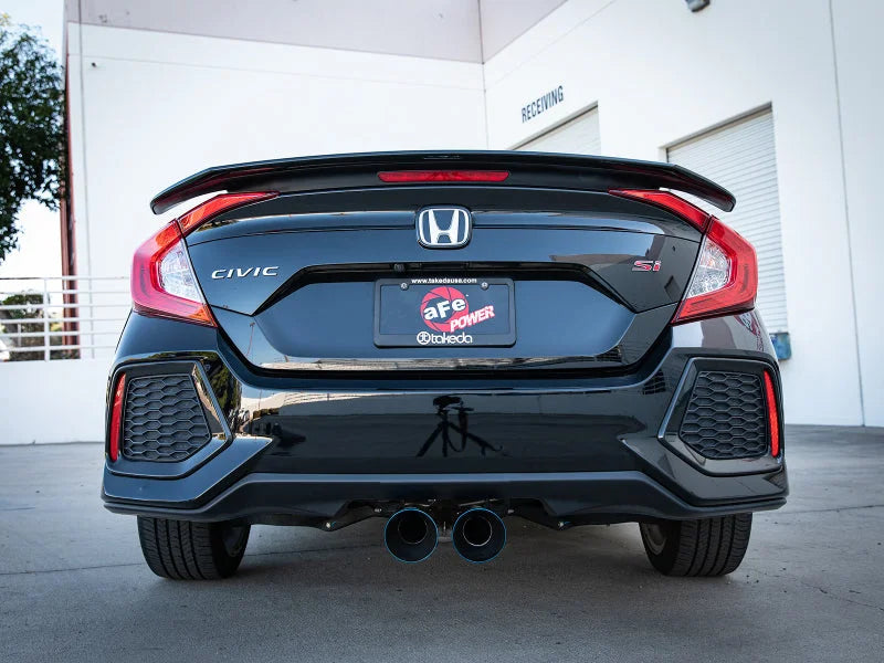 aFe Takeda 2.5in 304 SS Cat-Back Exhaust System w/ Blue Tips 17-20 Honda Civic Si Sedan I4 1.5L - Back View