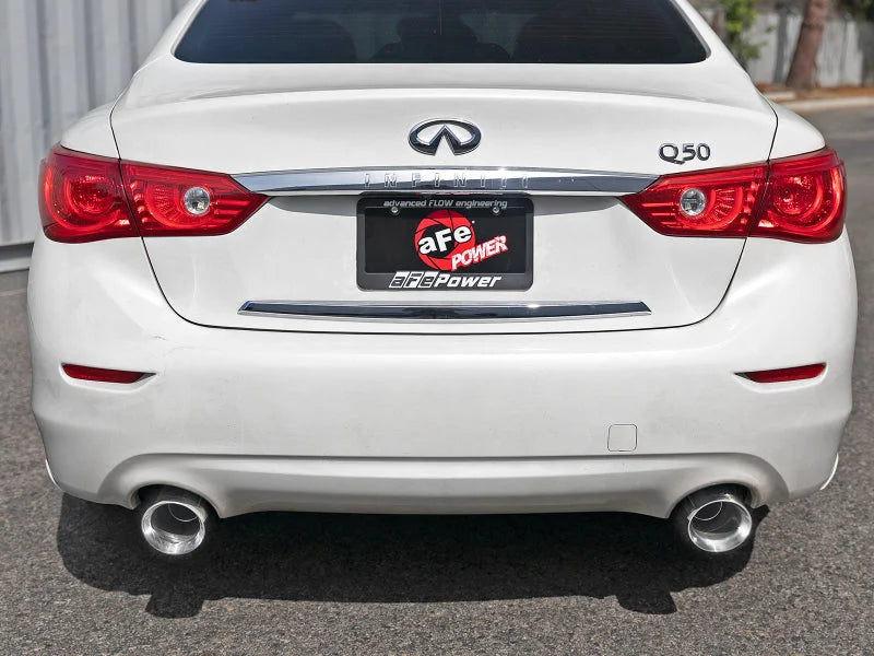 aFe Takeda 2.5in 304 SS Cat-Back Exhaust System w/ Polished Tips 16-18 Infiniti Q50 V6-3.0L (tt) - Back View
