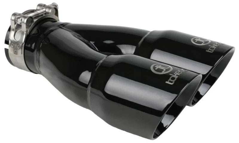 aFe Takeda 2.5in 304 Stainless Steel Clamp-on Exhaust Tip 2.5in Inlet 3in Dual Outlet - Black - Side View