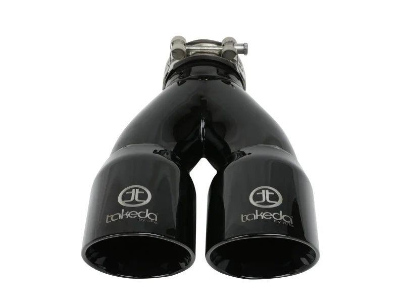 aFe Takeda 2.5in 304 Stainless Steel Clamp-on Exhaust Tip 2.5in Inlet 3in Dual Outlet - Black - Installation View