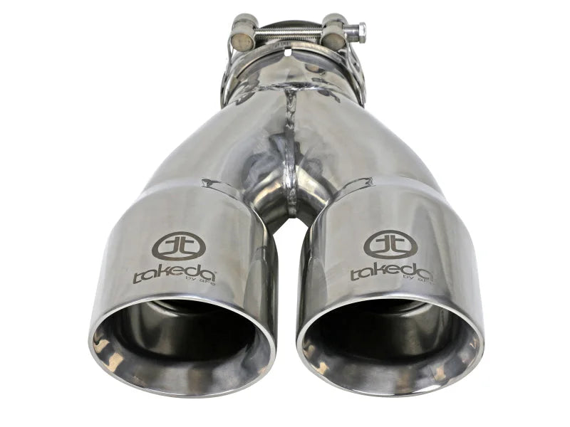 aFe Takeda 2.5in 304 Stainless Steel Clamp-on Exhaust Tip 2.5in Inlet 3in Dual Outlet - Polished - Back View