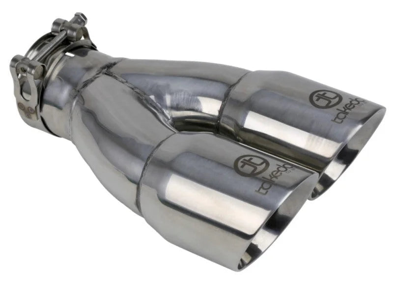 aFe Takeda 2.5in 304 Stainless Steel Clamp-on Exhaust Tip 2.5in Inlet 3in Dual Outlet - Polished - Installation View