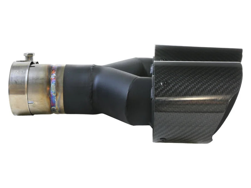 aFe Takeda 2.5in 304 Stainless Steel Clamp-on Exhaust Tip Driver side 2.5in Inlet 4in Dual-Carbon - Side View