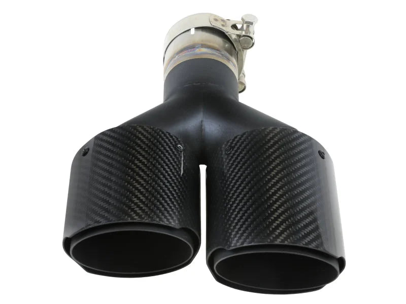aFe Takeda 2.5in 304 Stainless Steel Clamp-on Exhaust Tip Driver side 2.5in Inlet 4in Dual-Carbon - Back View