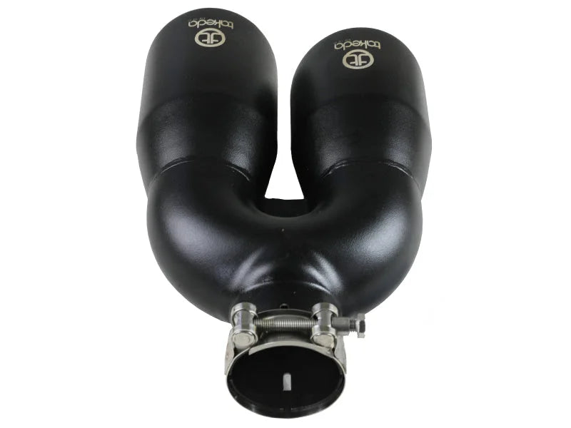 aFe Takeda 2.5in 304 Stainless Steel Clamp-on Exhaust Tip Driver Side 2.5in Inlet 4inDual-Black - Side View