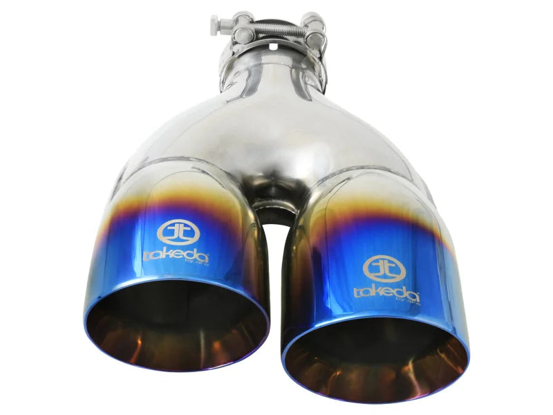 aFe Takeda 2.5in 304 Stainless Steel Clamp-on Exhaust Tip Driver Side 2.5in Inlet 4inDual-Blue Flame - Back View